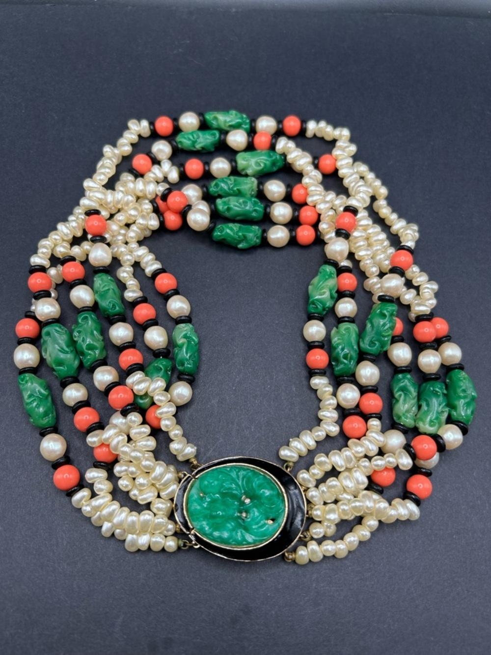 VTG Kenneth Jay Lane Multi-Strand Faux Jade, Coral & Pearl Necklace Rare